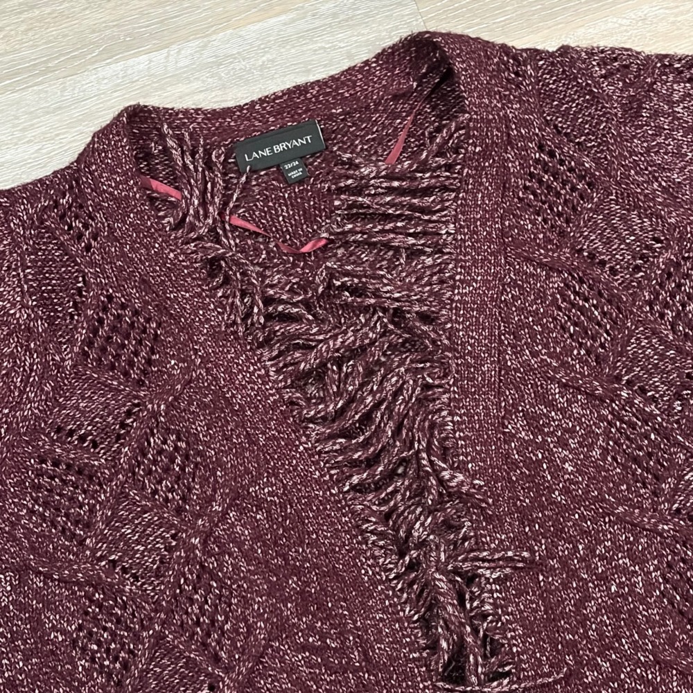 Lane Bryant Womens Burgundy Metallic Fringe Pointelle Knit CardiganSweater 22/24